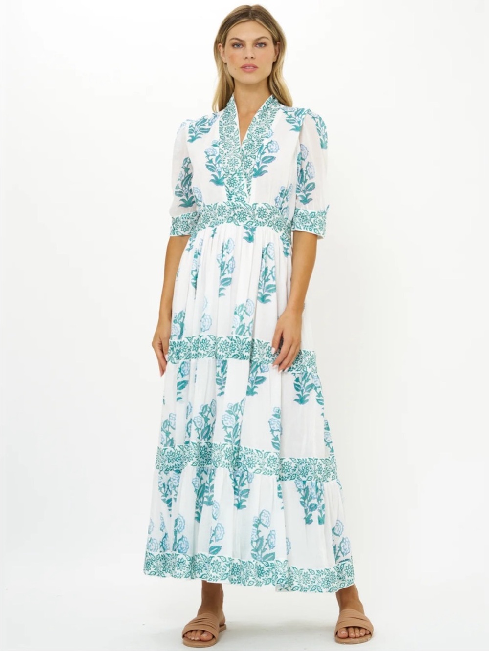 OLIPHANT V-neck cuffed sleeve White Maxi Dress with Green Floral Print xl